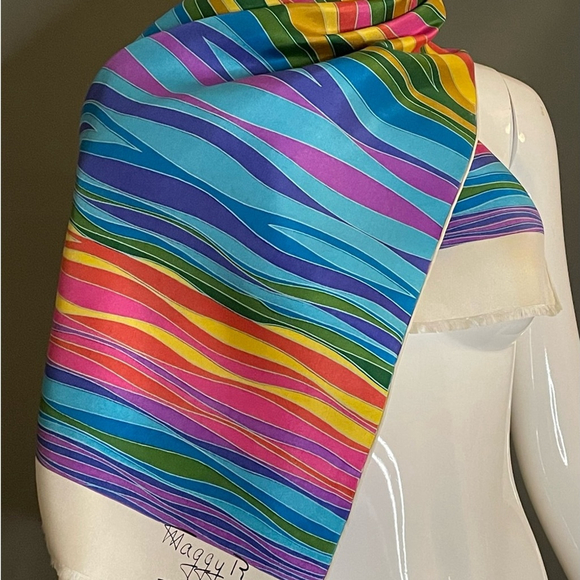 Maggy Rouff Accessories - Beautiful Vintage Maggy Rouff Rainbow Silk Scarf 14 x 46 Excellent Cond Crisp